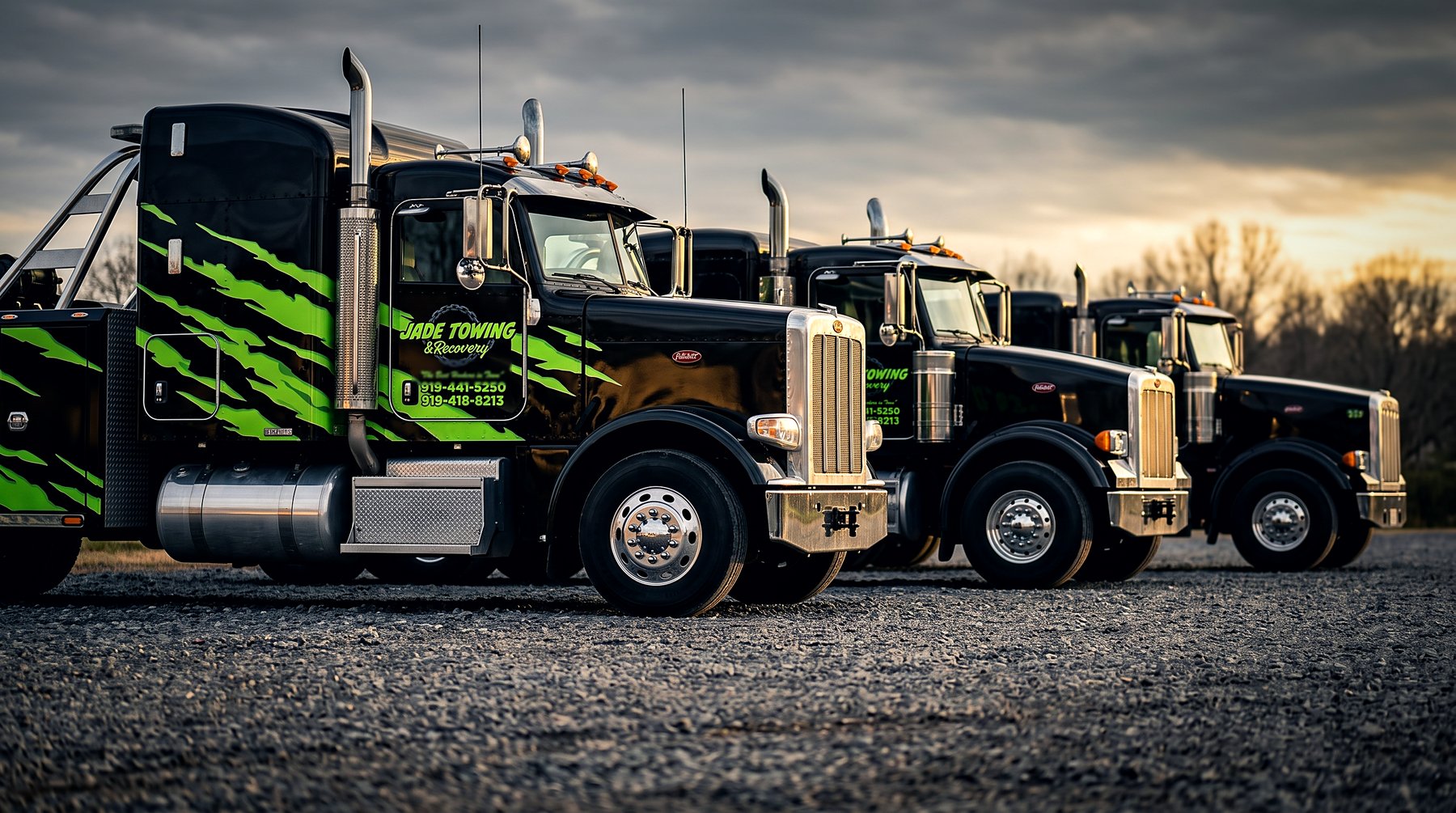 Black and green Jade Towing trucks lined up at the yard